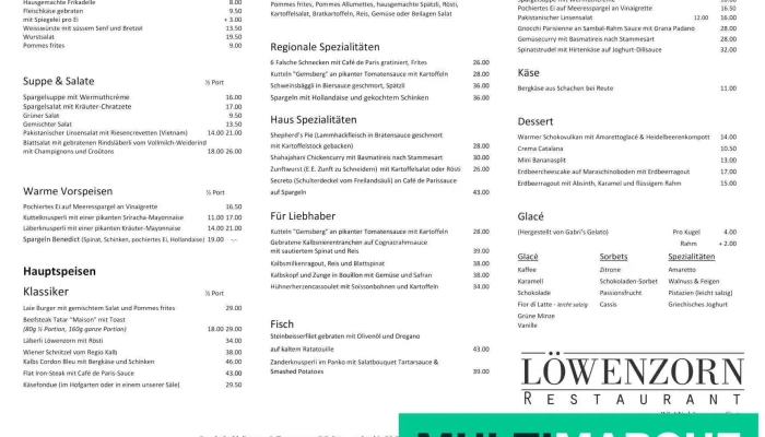 Restaurant Lowenzorn Speisekarte - Basel